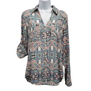 Express Portofino Shirt Paisley Roll Tab Sleeves Boho Chic Teal Pink Size S